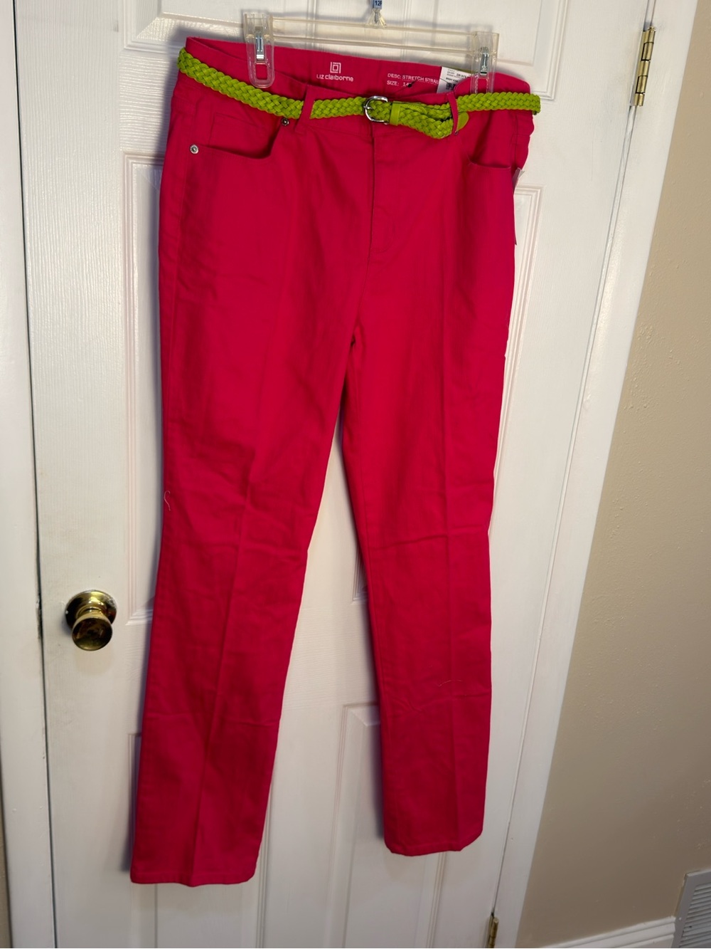 Liz Claiborne Pink Straight-Leg Pants with Green Braided Belt 14T NWT